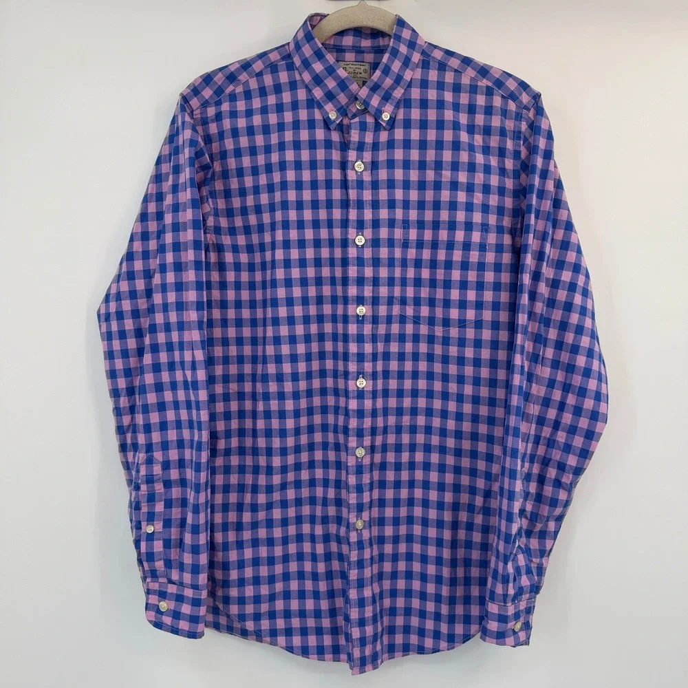 J Crew Men Tailored Lightweight Cotton Gingham Button Down Shirt Pink Blue Small
